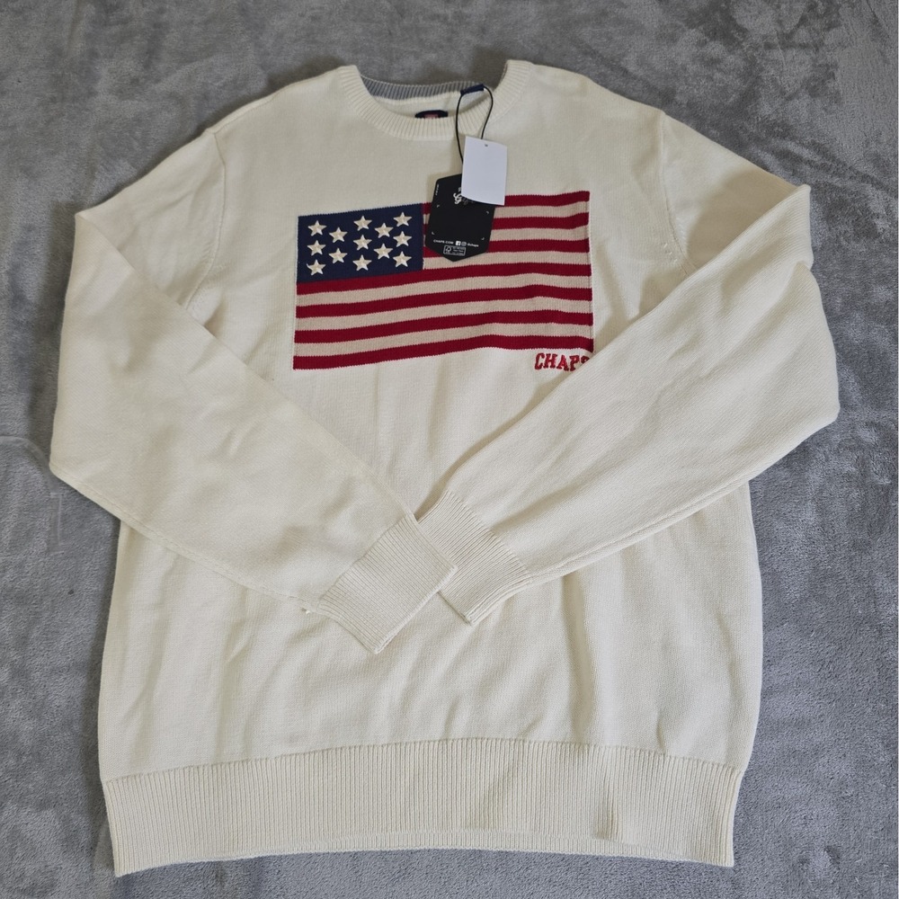 Chaps Sweater Mens XL Cream Knit American Flag Crew Neck Pullover Casual NWT